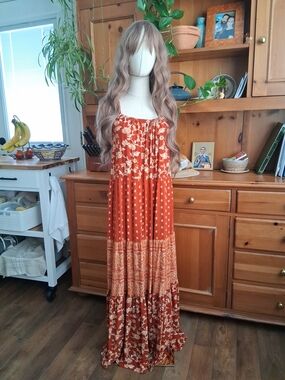 100% Indian Cotton Wonderly Rust Printed Tiered Maxi Dress with Cream Motifs